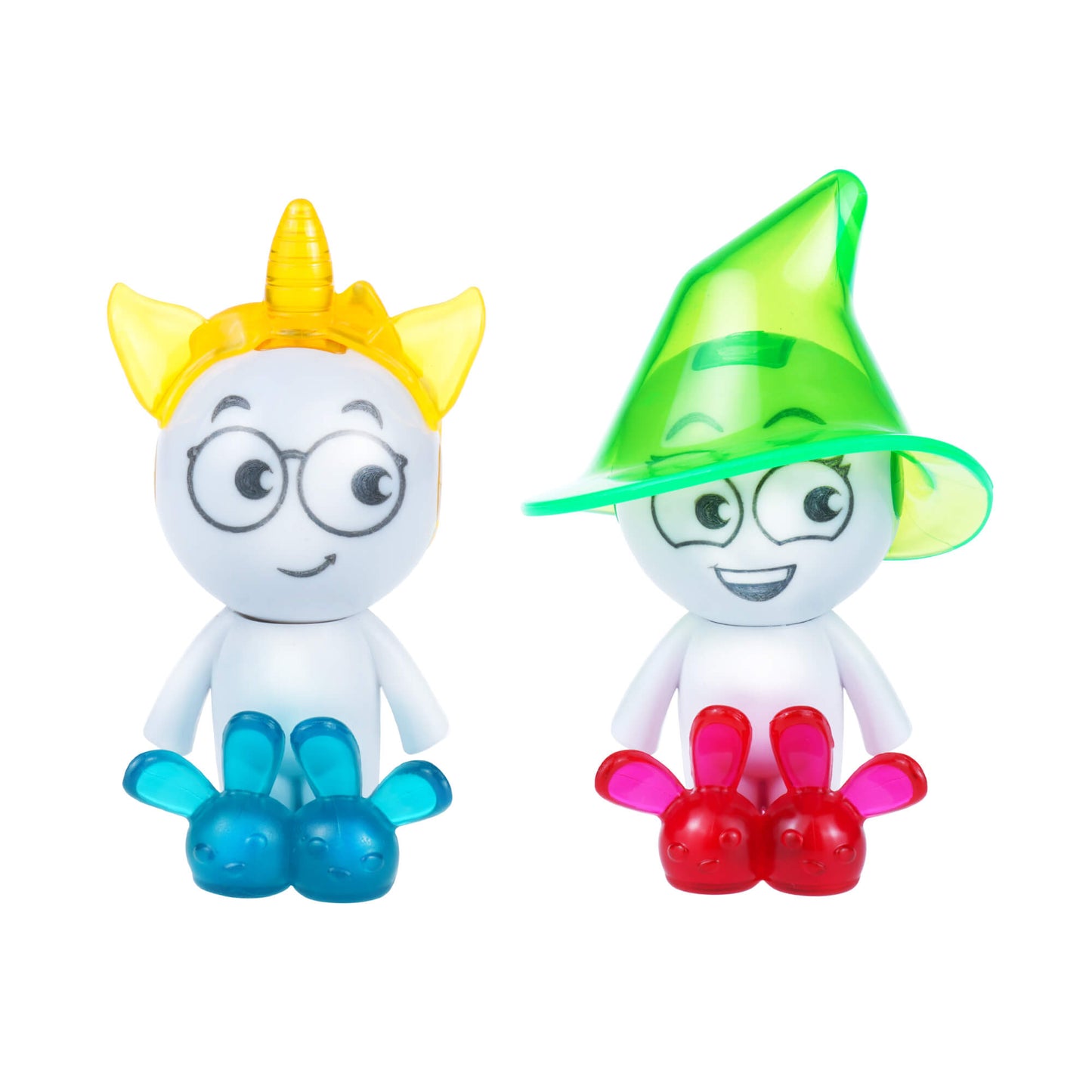 Flare and Go wearing bunny slippers. Flare is wearing a unicorn helmet and Go is wearing a wizard hat.
